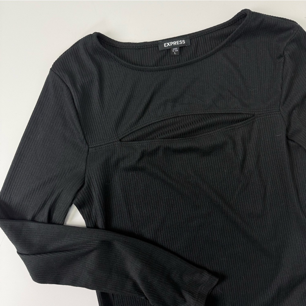 Express Ribbed Black Cutout Long Sleeve Bodysuit Size Large